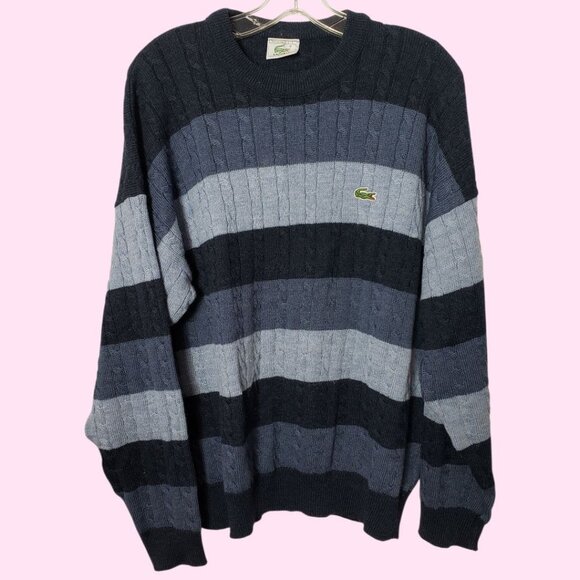 Lacoste Vtg Striped Wool-Blend Cable Knit Sweater Baggy Blue Size 6 - Picture 1 of 12
